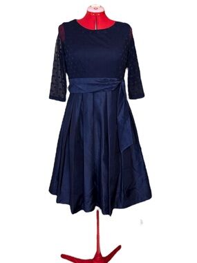 Jessica Howard Navy Dot Mesh Pleated Short Cocktail Dress with Sash Size 12P